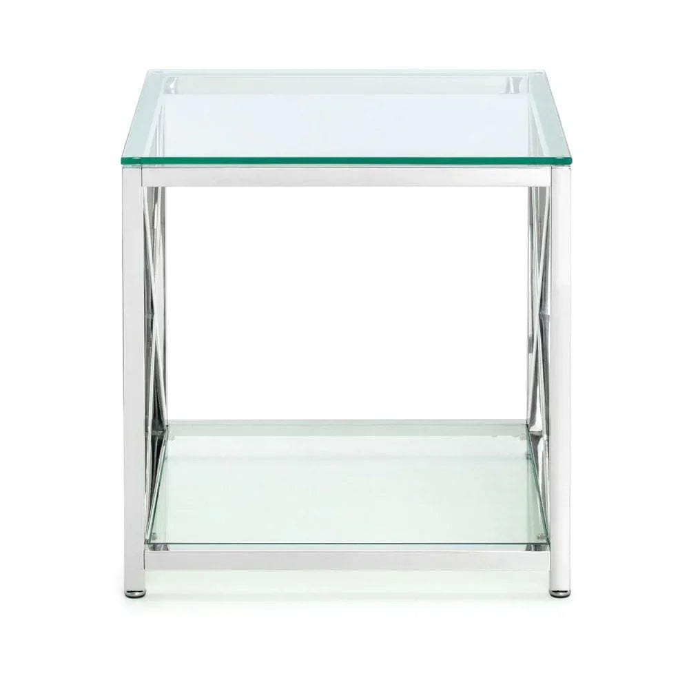 Glass top side table with chrome metal frame and lower glass shelf