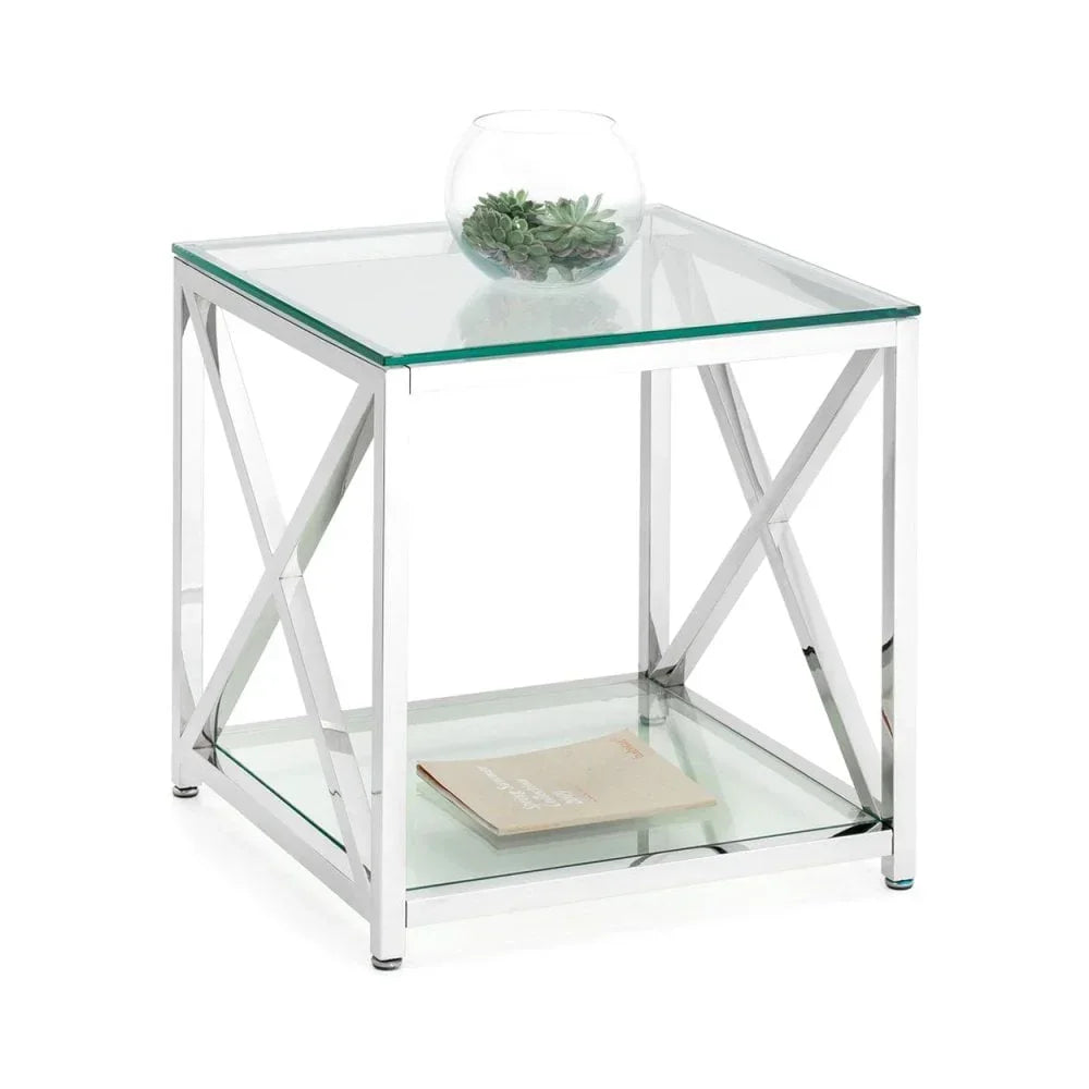 Glass side table with chrome metal frame, lower shelf, and decorative bowl on top