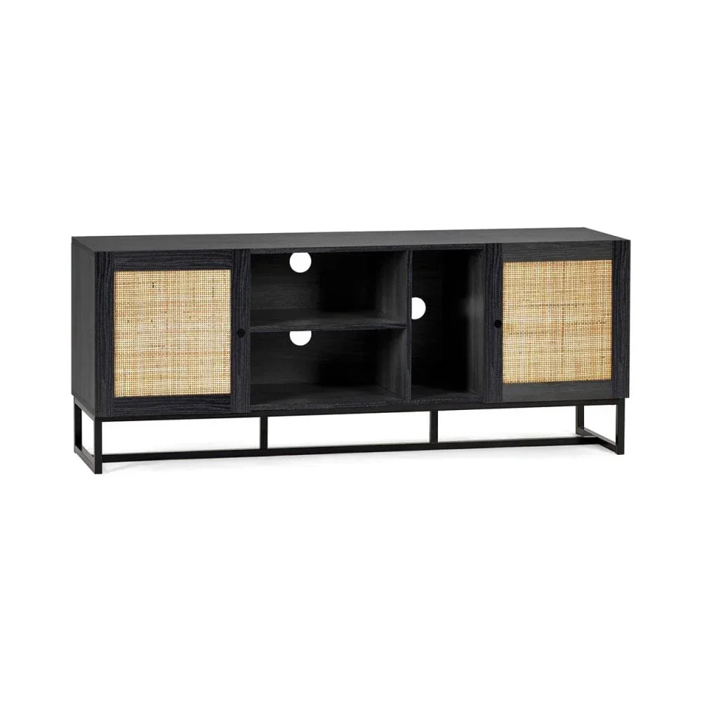 Black TV unit with rattan panel doors and open shelving on metal base