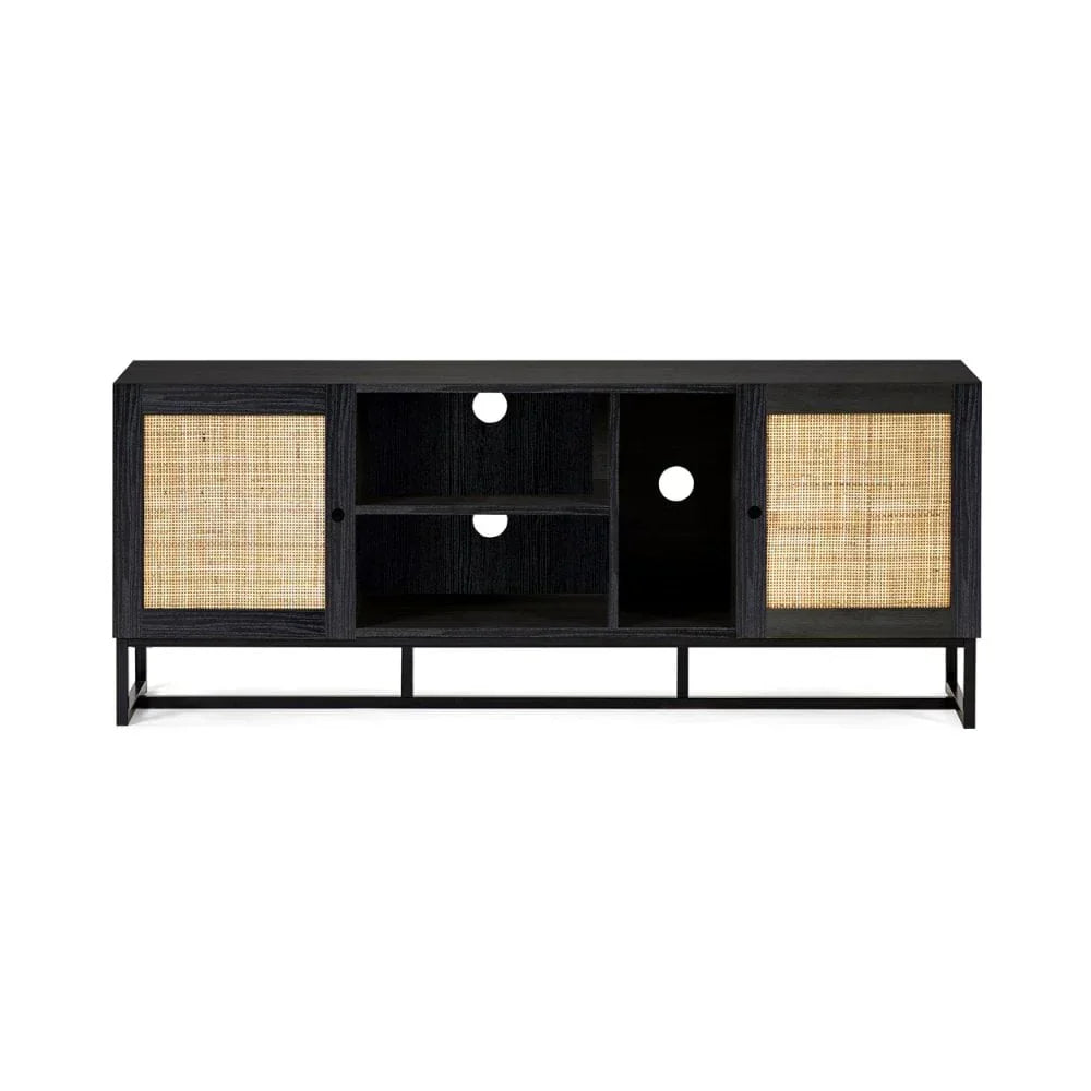 Black wood TV unit with rattan panel doors and open shelves for media storage