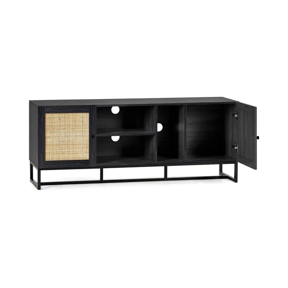 Black TV unit with open storage shelves, cane panel door, and metal legs