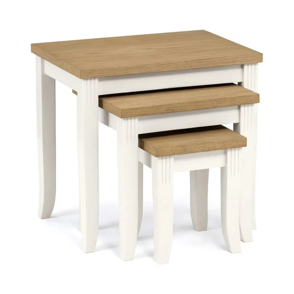 Oak and white nest of tables with three stacking tables, wooden tops and painted legs
