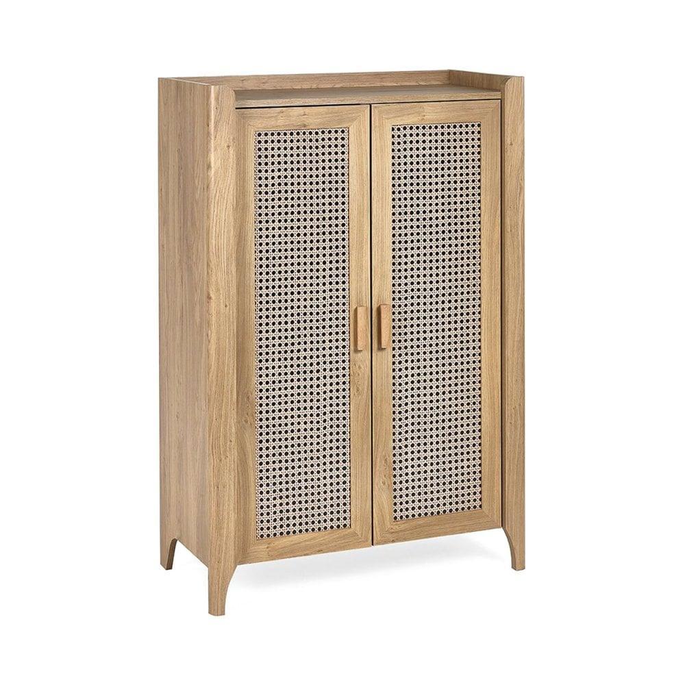Natural wood storage cabinet with cane panel doors and sleek handles, front angle view