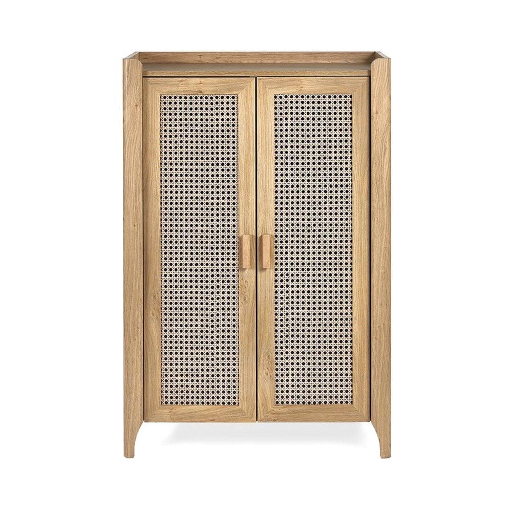 Natural wood cabinet with double rattan doors, front view, modern bedroom furniture