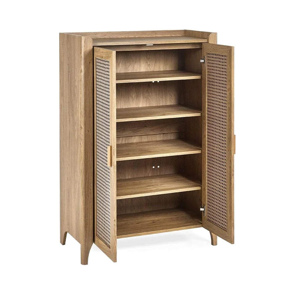 Oak cabinet with open shelves and rattan doors, angled view showing storage space
