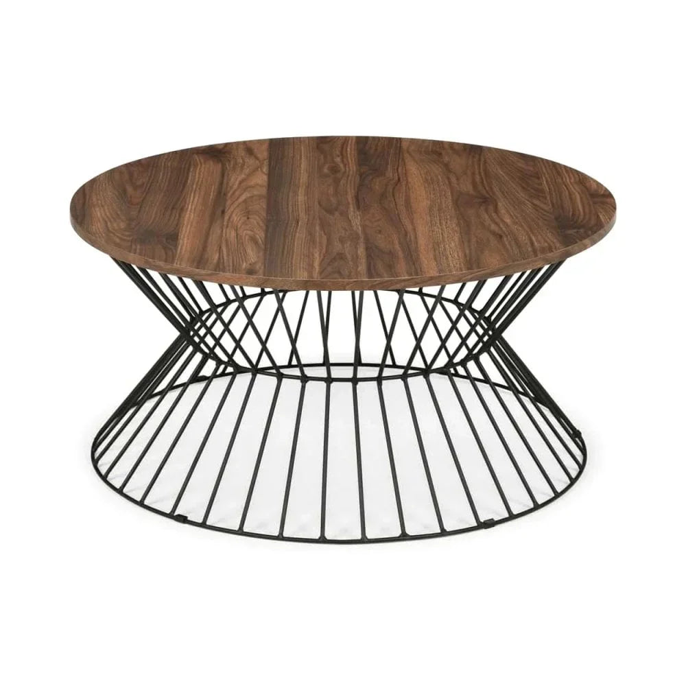 Round coffee table with dark wood top and black wire metal base