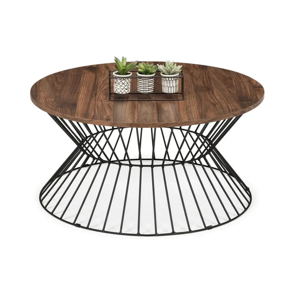Round coffee table with wood top and black metal wire base, small plants on surface