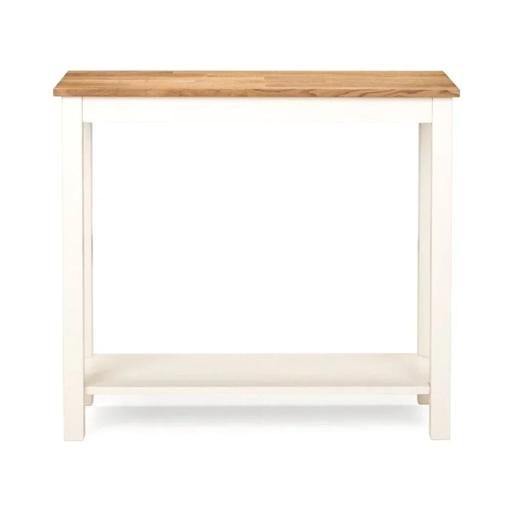White console table with light wood top and lower storage shelf
