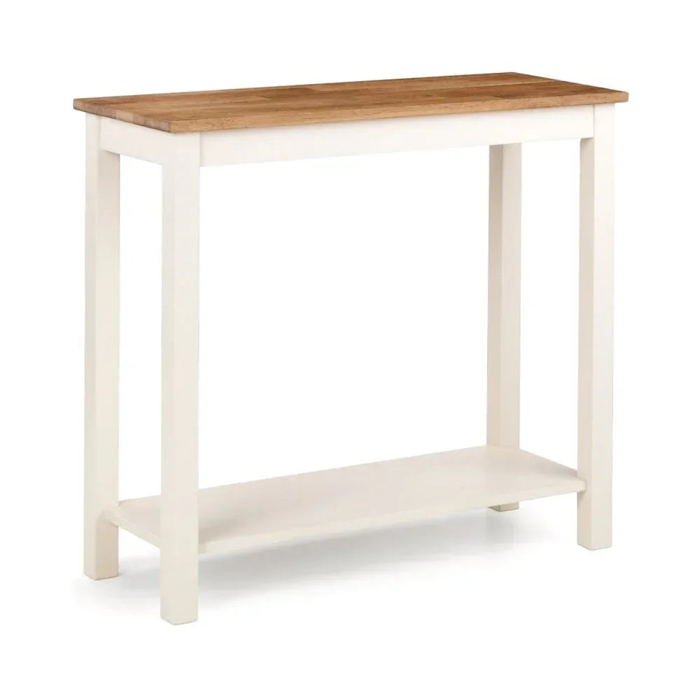 Oak and white console table with lower storage shelf and rectangular top