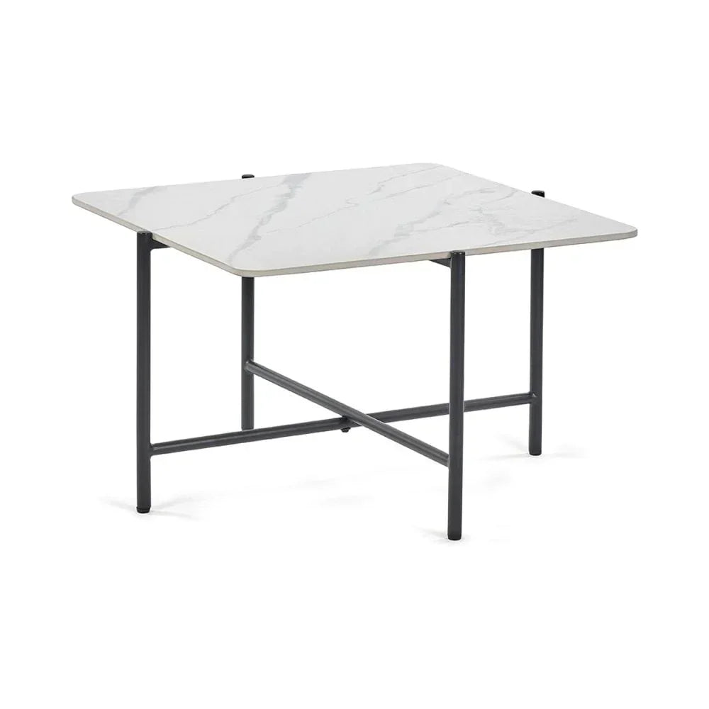 Square marble dining table with white top and black metal legs