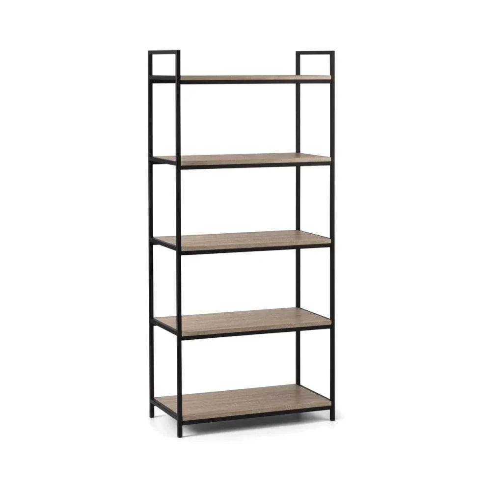 Industrial-style shelving unit with black metal frame and five wooden shelves
