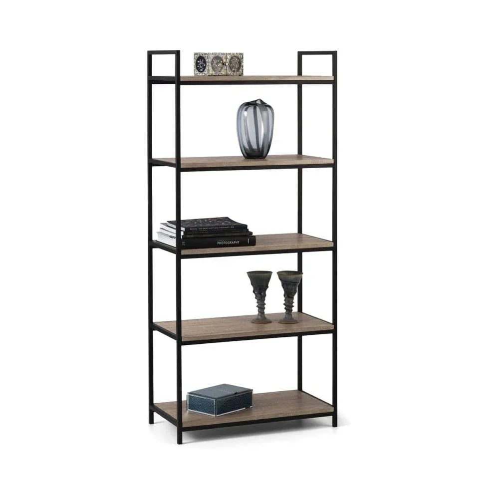 Industrial style wooden bookshelf with metal frame and decor items, front angle view