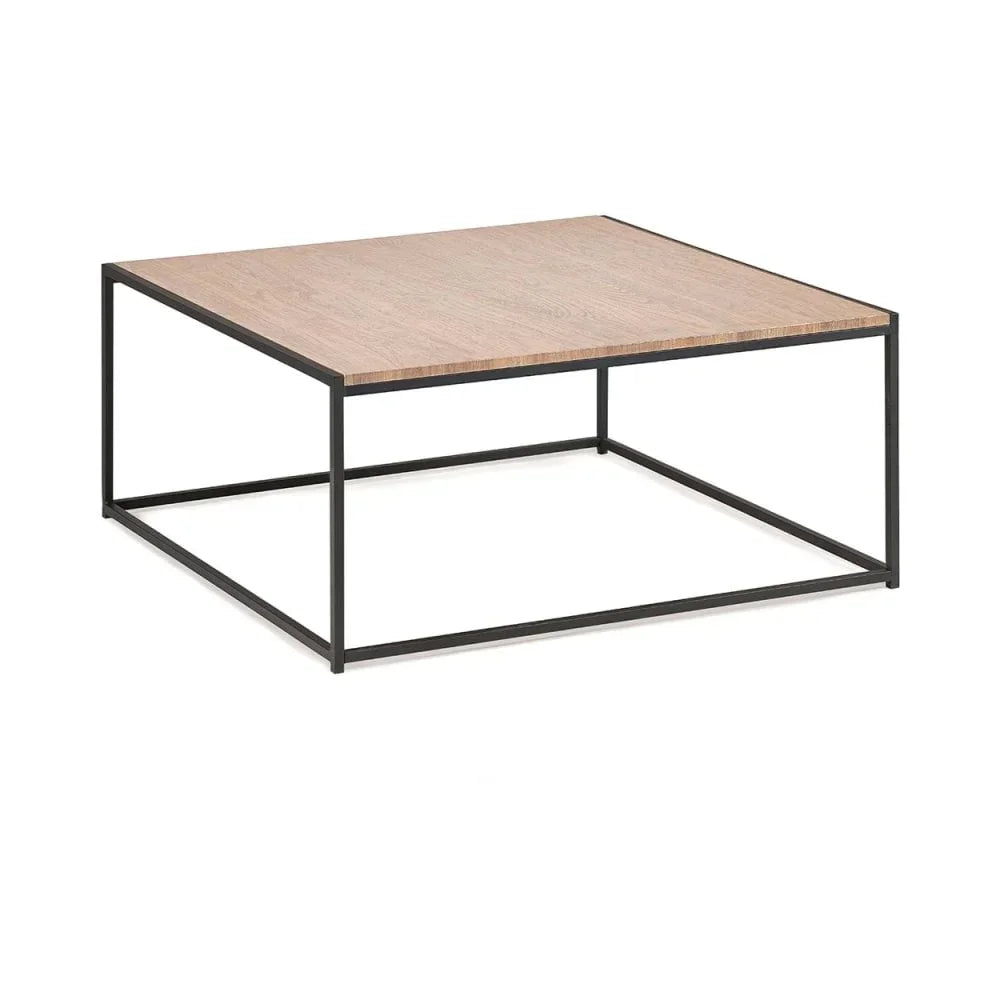 Square coffee table with light wood top and black metal frame on white background