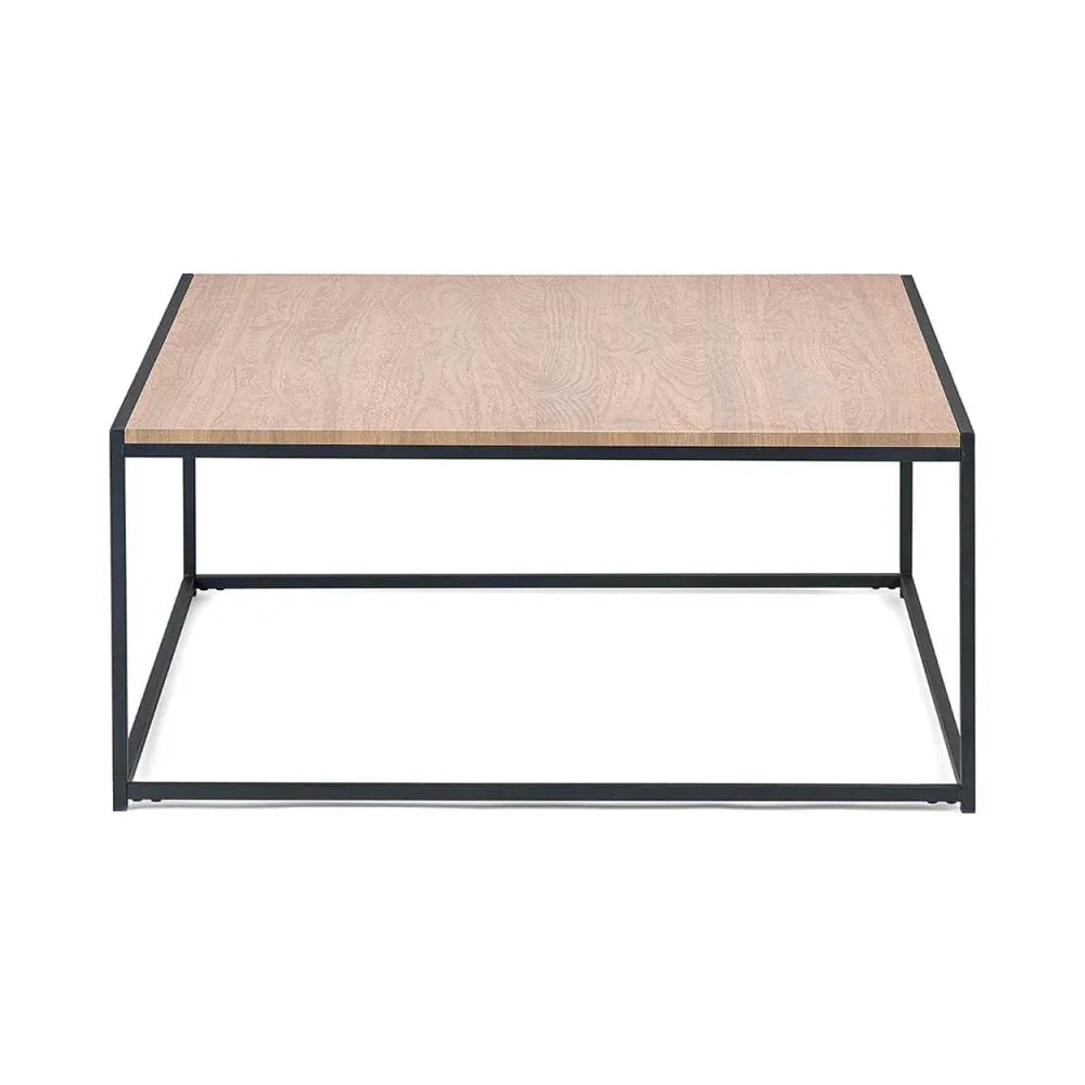 Square coffee table with light wood top and black metal frame, front angle view
