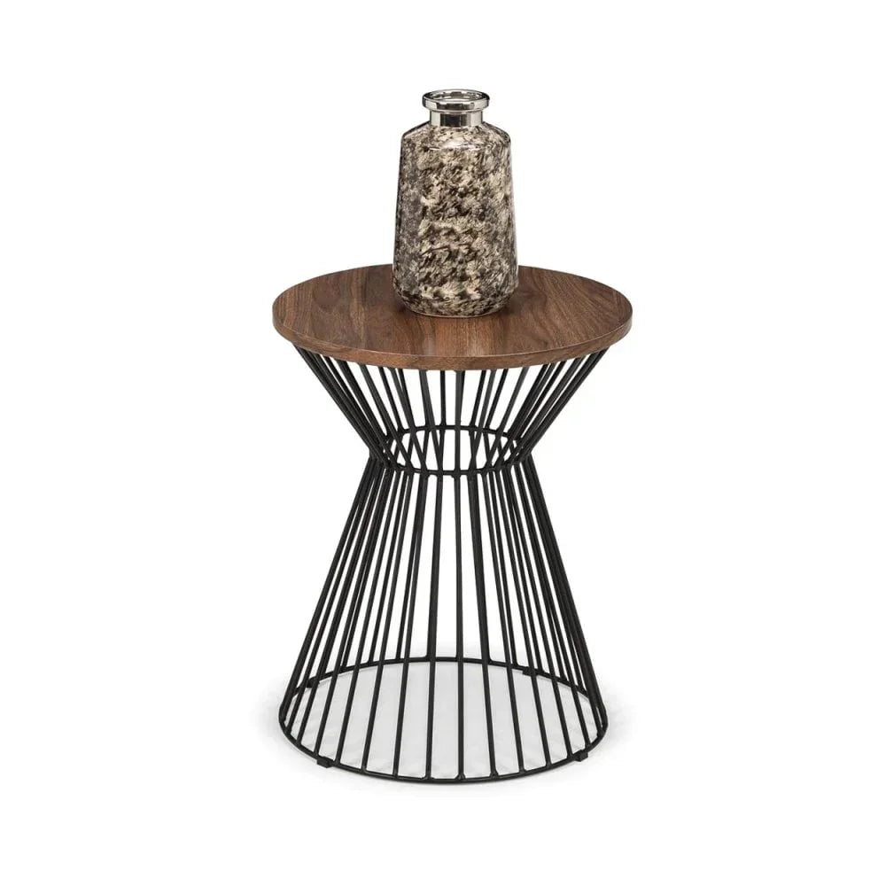 Round side table with wooden top and black metal wire base, decorative vase on top