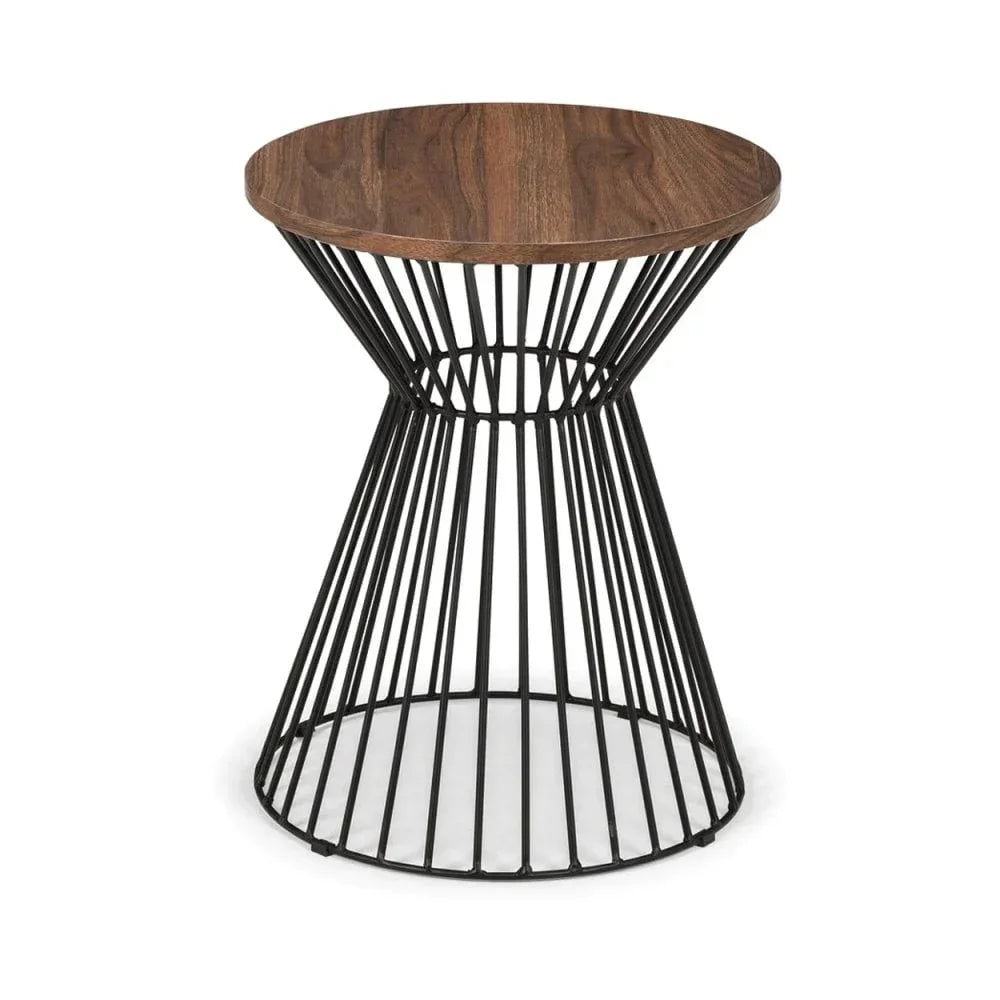 Round wood side table with black metal wire base on white background