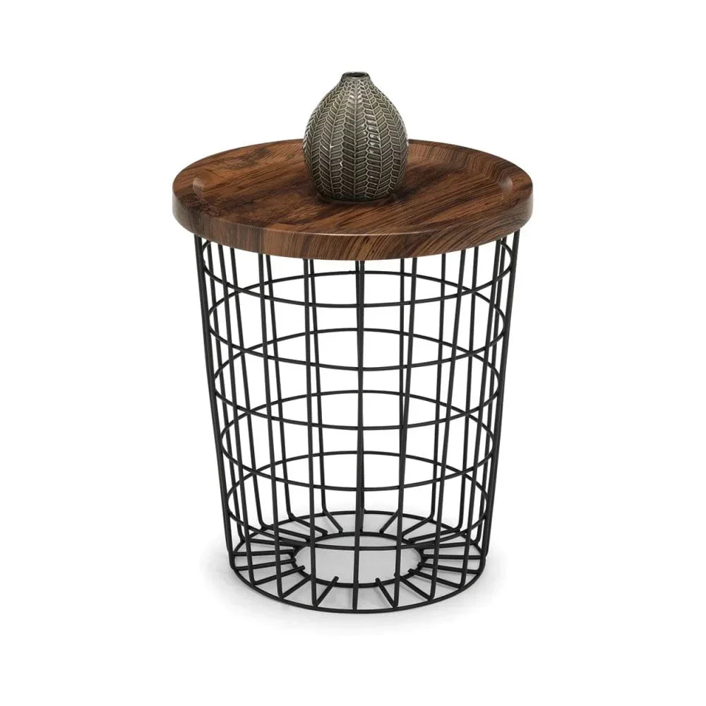 round wireframe side table with wood top and decorative vase