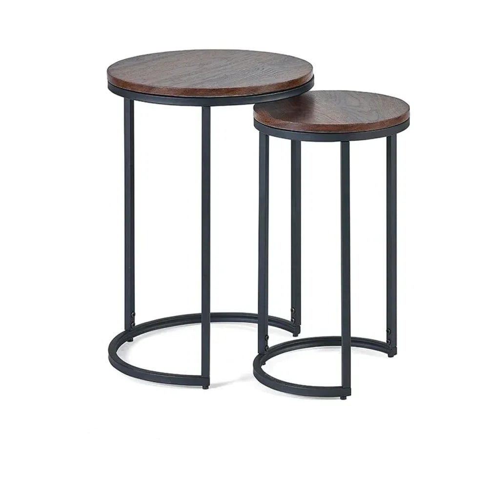 Round nesting tables with dark wood tops and black metal frames