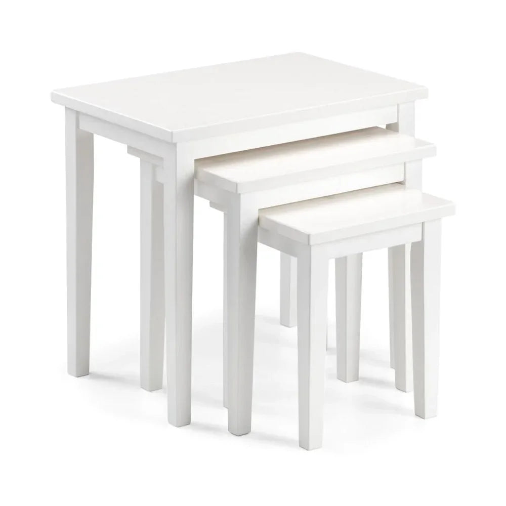 White wooden nesting tables set of three with rectangular tops and straight legs