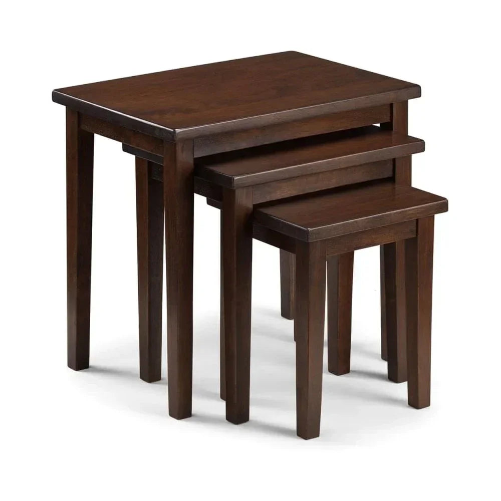 Dark wood nesting tables set of three with rectangular tops and straight legs