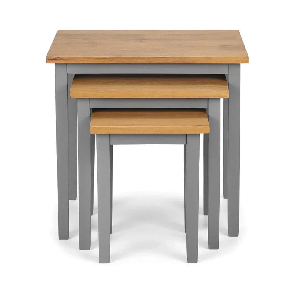 Set of three grey and oak wood nesting tables with square tops