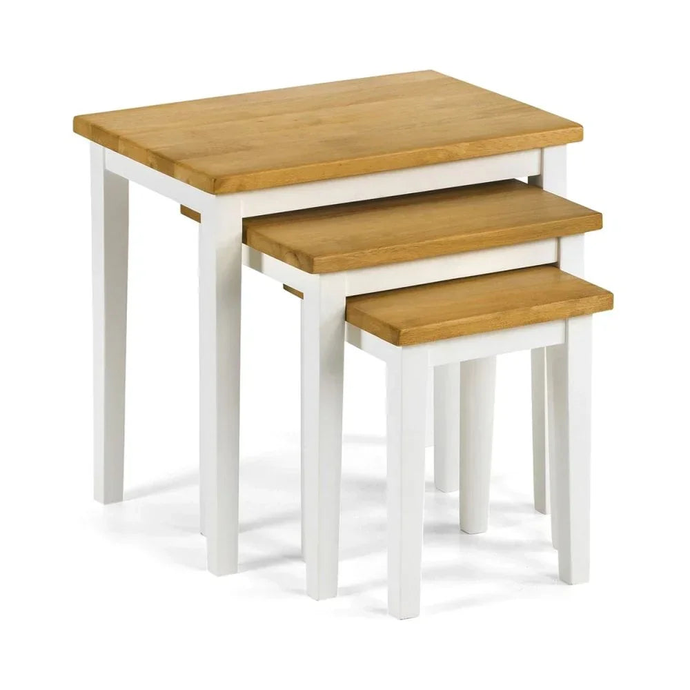 Set of three nesting tables with oak tops and white painted wooden legs