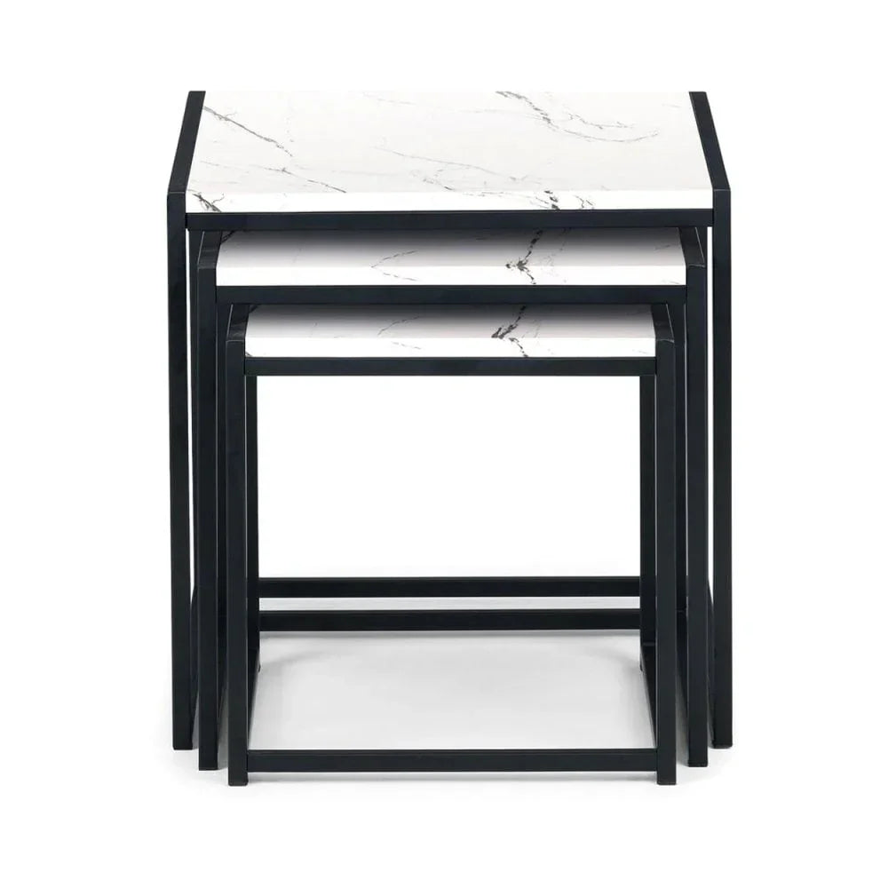 Set of three nesting tables with white marble tops and black metal frames, front view