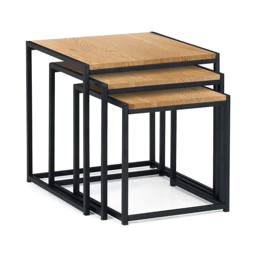 Set of three oak and black metal nesting tables with square tops and open frame design