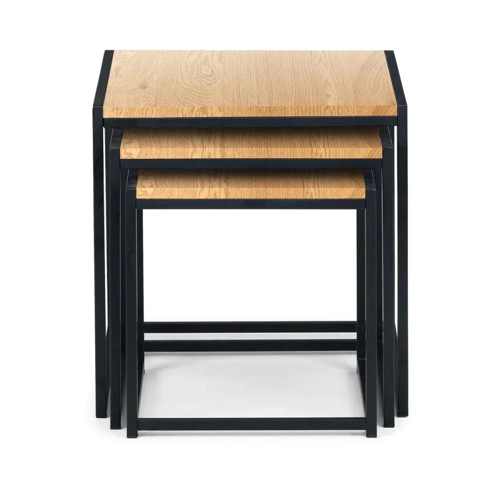 Set of three nesting tables with oak tops and black metal frames