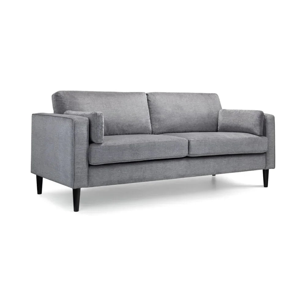 Grey fabric sofa with slim armrests and black tapered legs, angled on white background