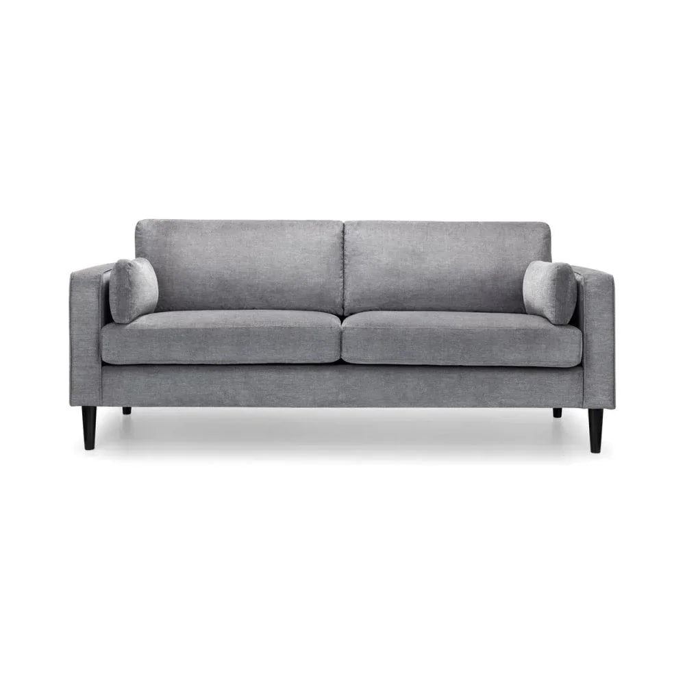 Grey fabric sofa with straight arms, black legs and matching cylindrical cushions, front view