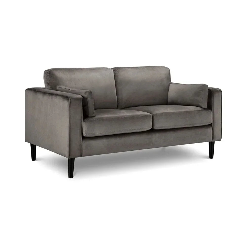 Grey velvet sofa with slim black legs and two seat cushions, front angle view