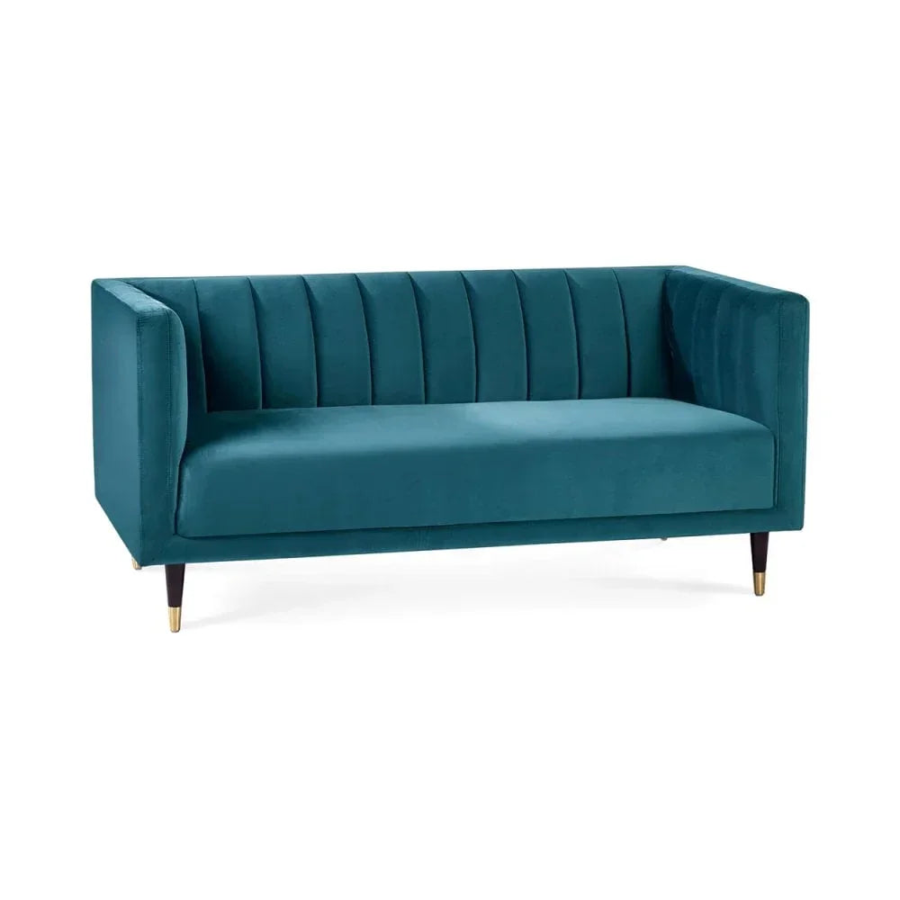 Teal velvet sofa with channel tufted backrest and slim tapered wood legs
