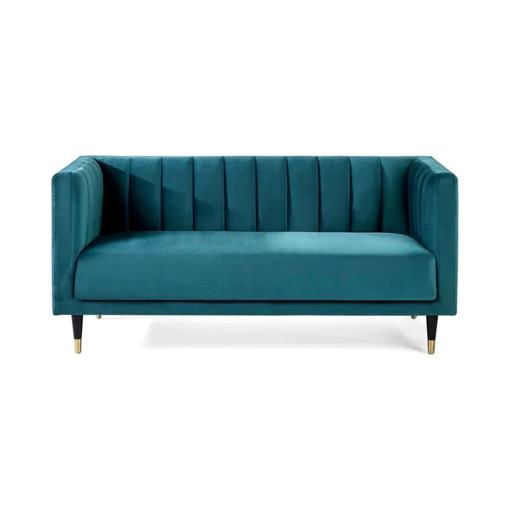 Teal velvet sofa with vertical channel tufting and black legs with gold tips, front view