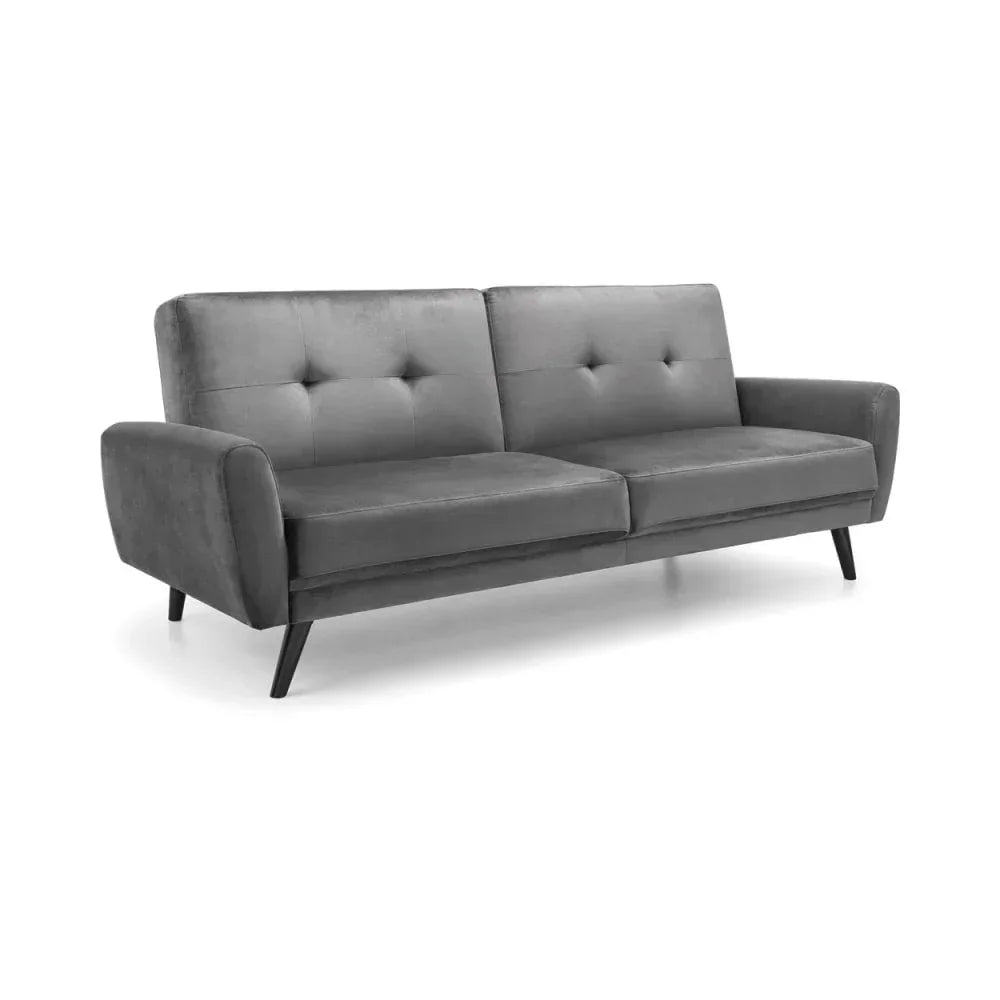 Grey velvet sofa with angled legs and tufted backrest, modern living room furniture
