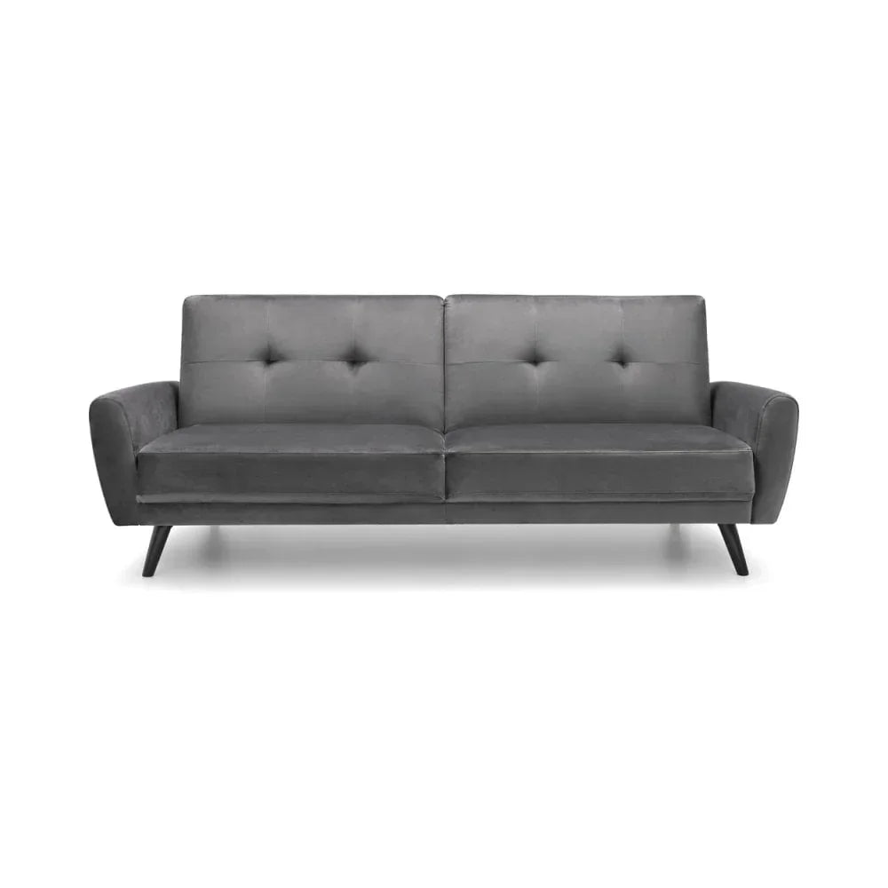 Grey velvet three seater sofa with tufted back and angled black legs, front view