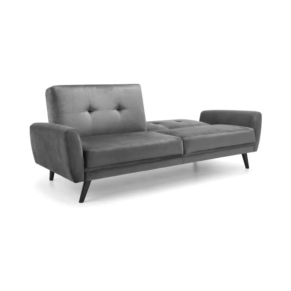 Grey fabric sofa bed with button detail and angled legs, shown in reclining position