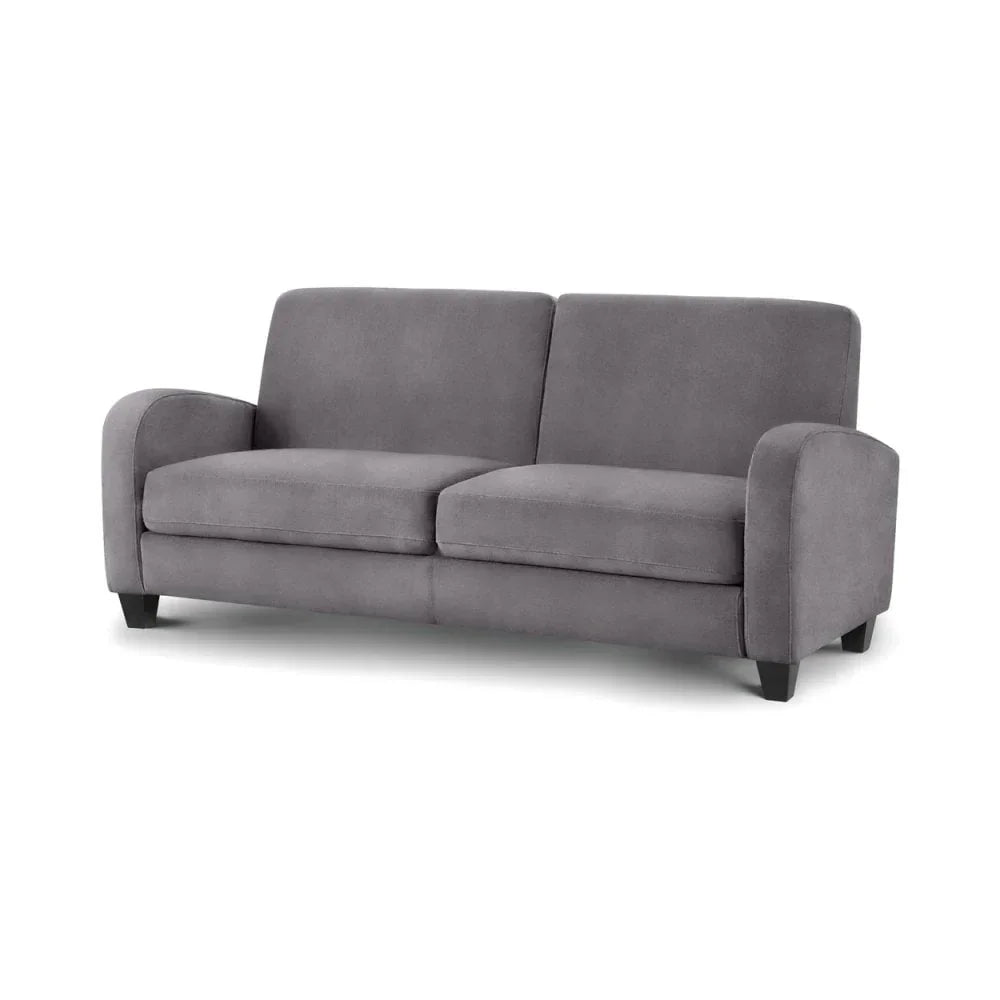 Grey fabric sofa with padded arms and backrest on black legs, front view