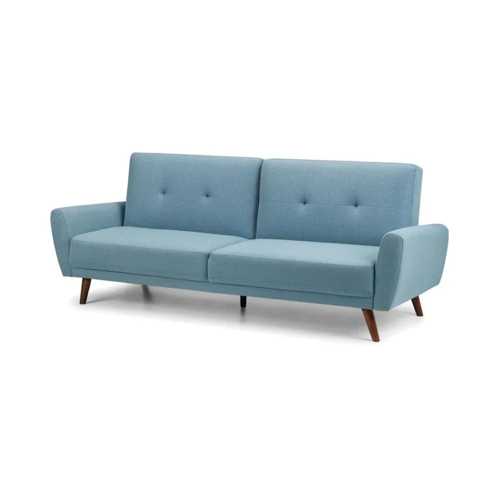 Light blue fabric sofa with angled wooden legs and tufted backrest on white background