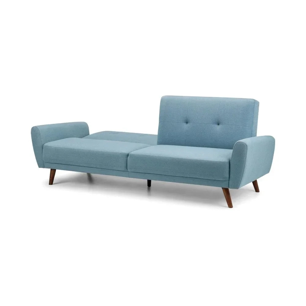 Light blue fabric sofa bed with angled wooden legs and tufted backrest, side view