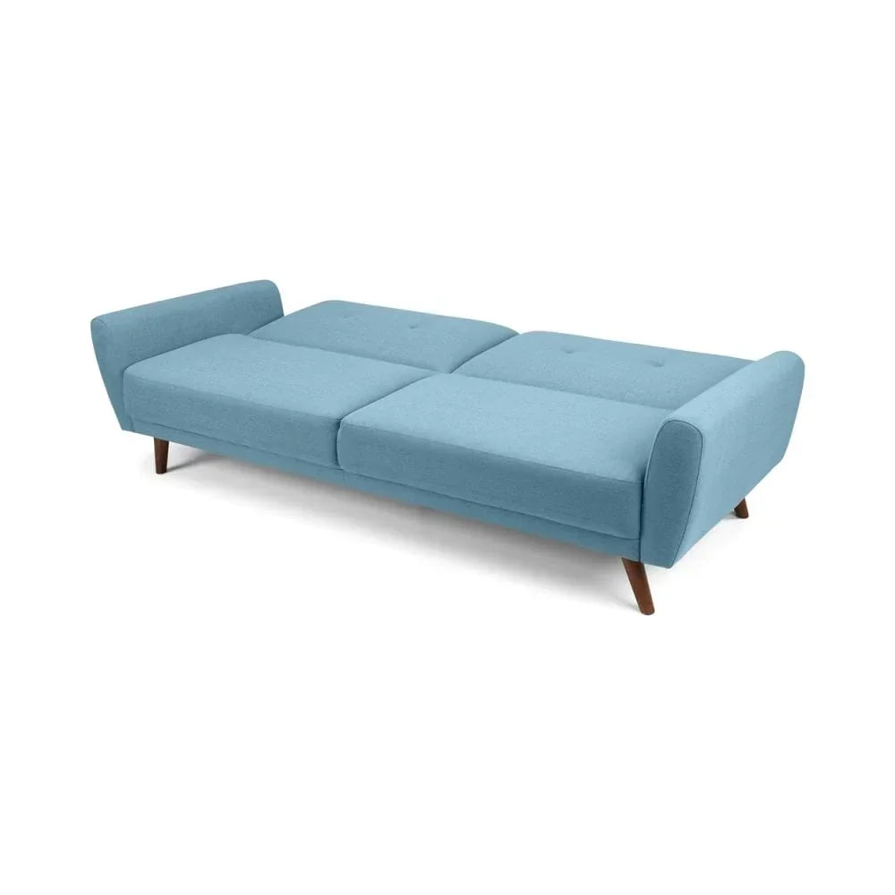 Light blue fabric sofa bed with wooden legs in unfolded flat position