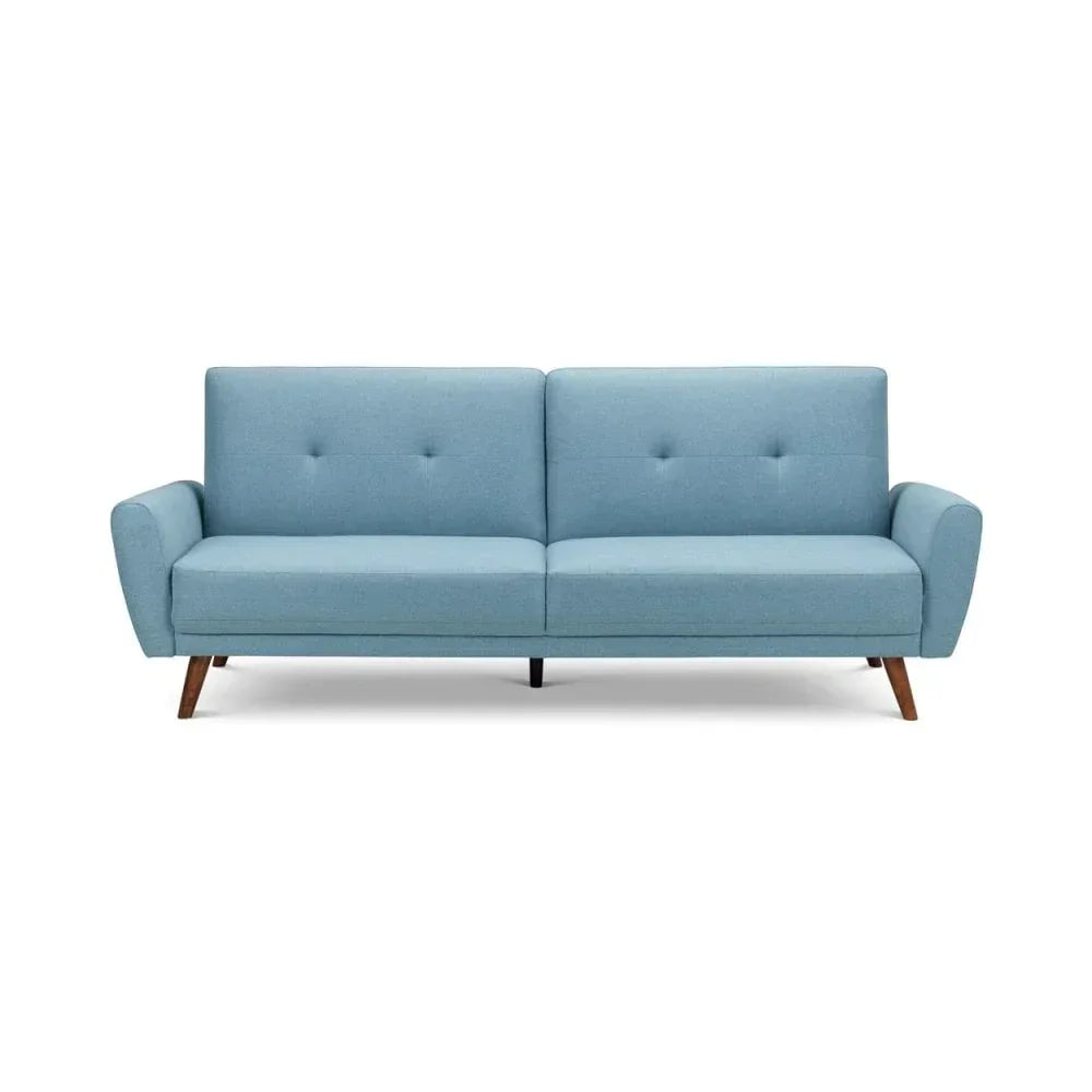 Light blue fabric sofa with tufted backrest and wooden angled legs, front view