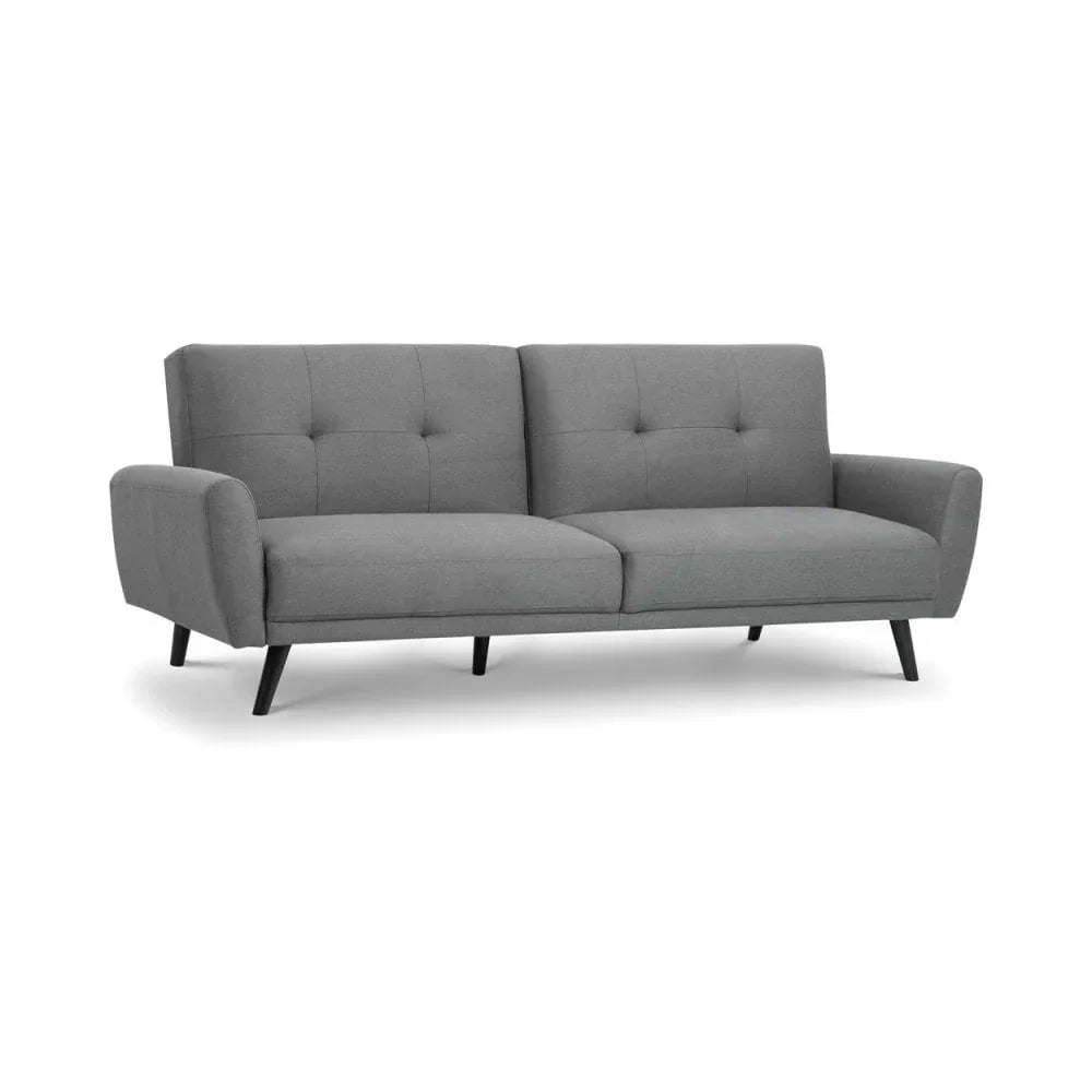 Grey fabric three seat sofa with padded backrest and angled black legs