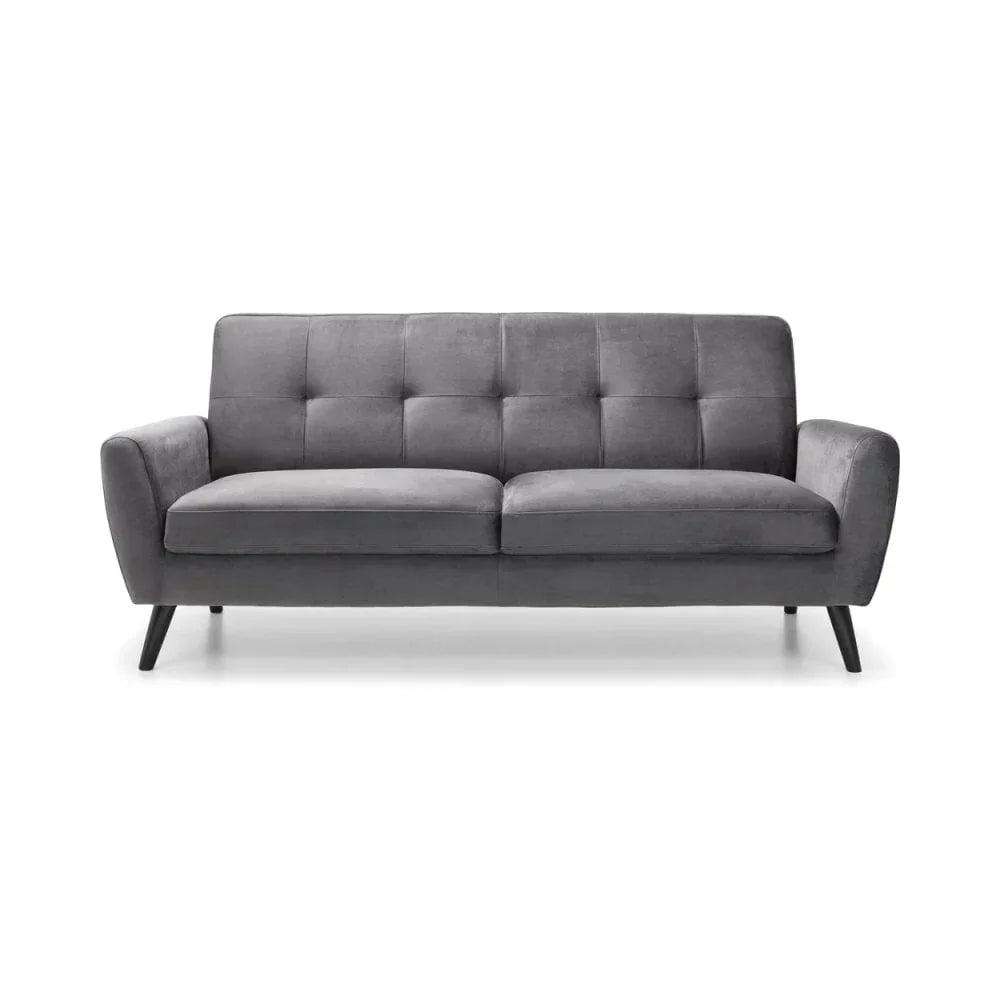 Grey fabric two-seater sofa with tufted backrest and angled wooden legs