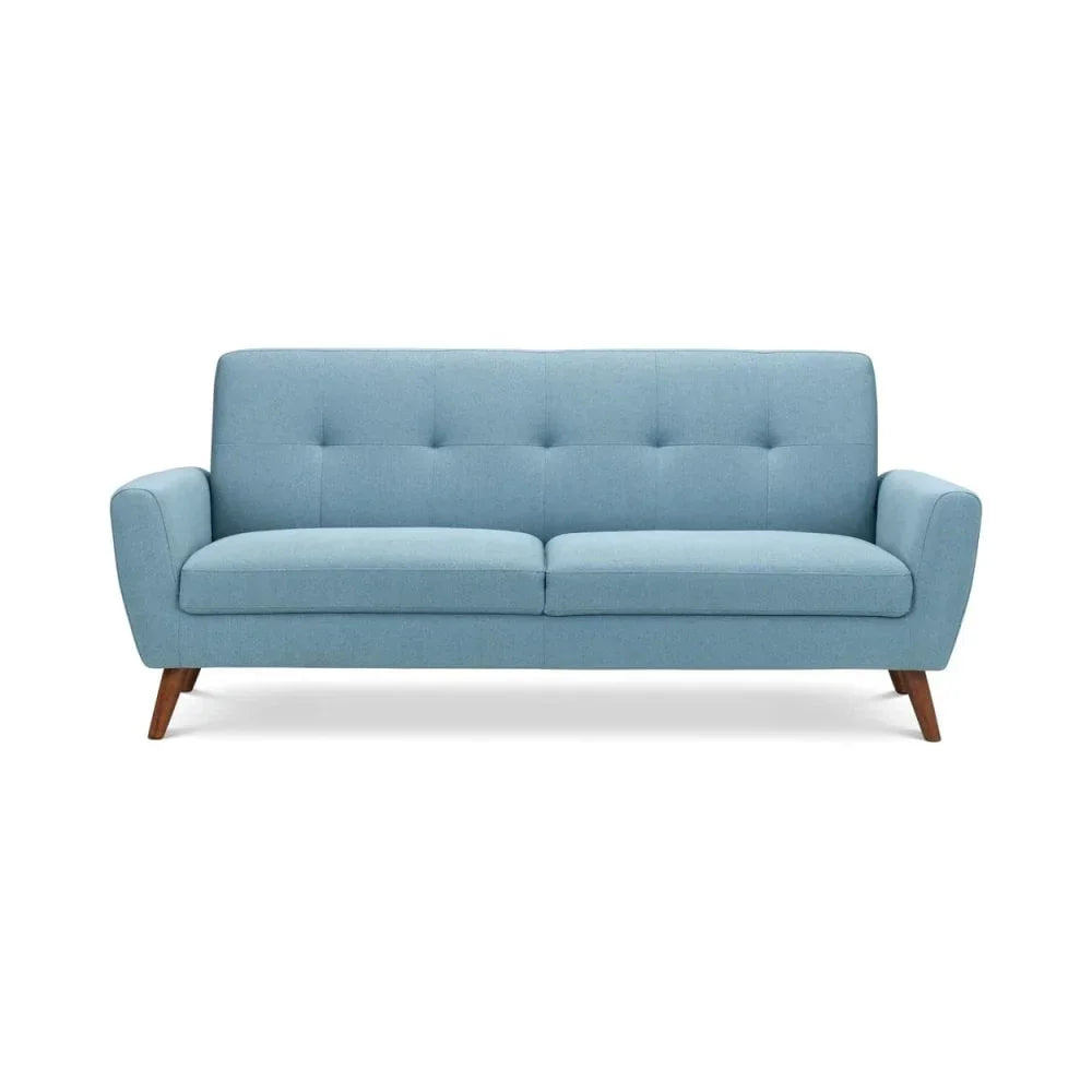 Light blue fabric sofa with wooden legs, front view, modern living room furniture