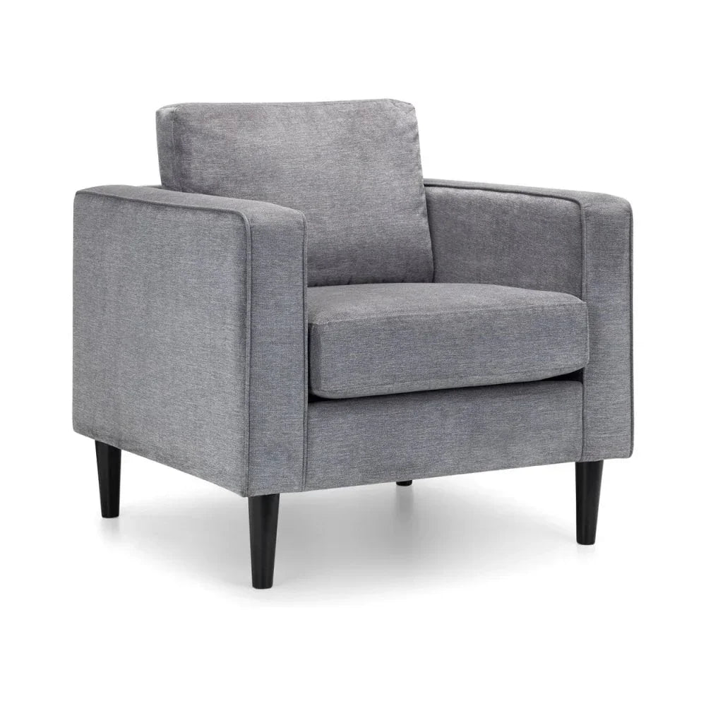 Grey fabric armchair with square arms and tapered black legs, front angle view