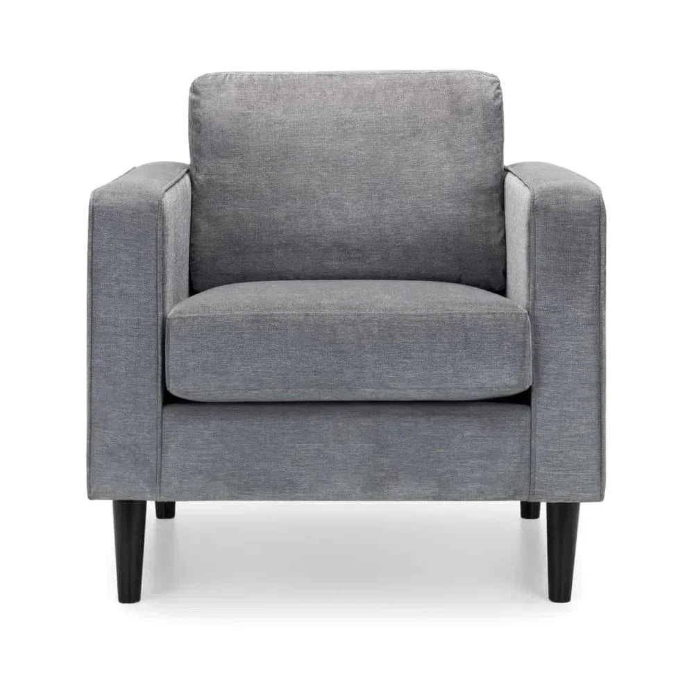 Grey fabric armchair with square arms and black tapered legs, front facing view