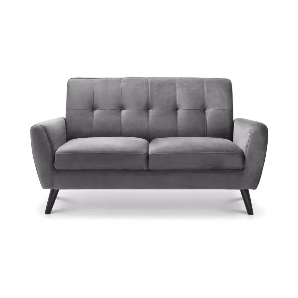 Grey fabric sofa with button-tufted backrest and angled wooden legs, front view