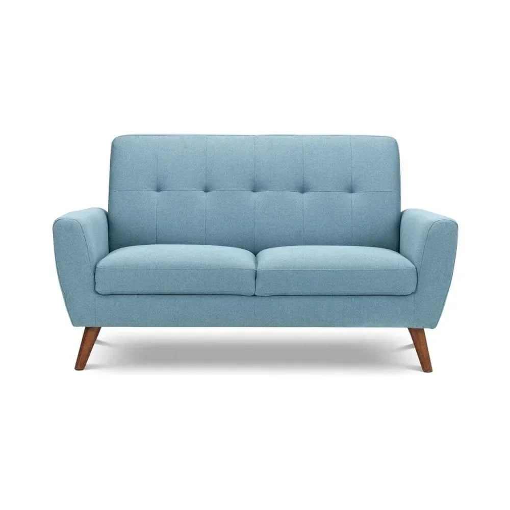 Blue fabric sofa with wooden legs and tufted backrest, front view