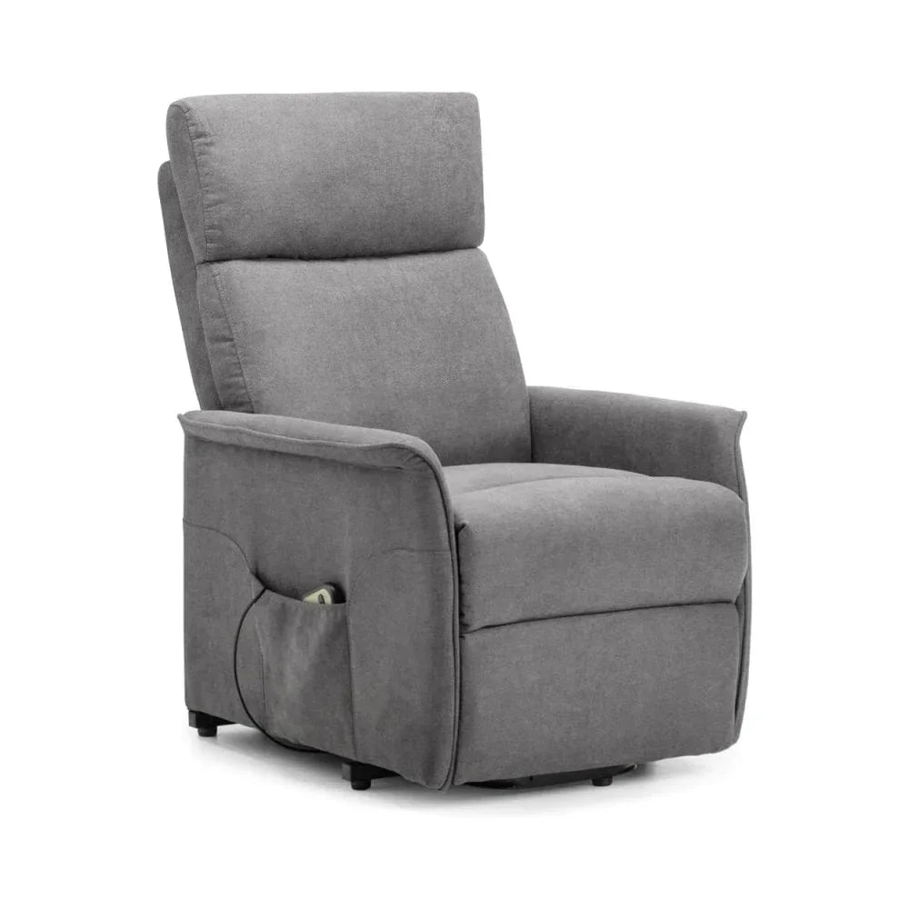 Grey fabric recliner chair with side pocket and padded backrest, viewed from front angle